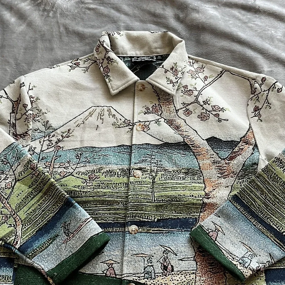 Rebel Vengeance Jacket Mens Medium Multicolor Landscape Tapestry Bomber Scenic